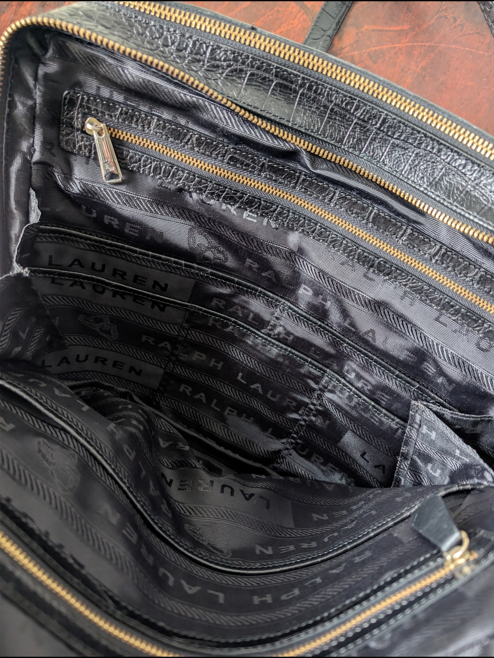 Lauren Ralph Lauren Black Embossed Croc Leather Double Zip Briefcase Tote Bag - Picture 8 of 8
